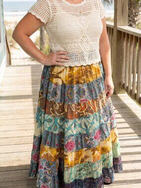 Karma Highway One Plus Size Patchwork Boho Maxi Skirt in Blue and Gold 1X/2X